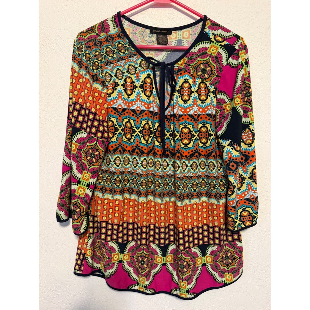 Susan Lawrence Geometric Kaleidoscope Print Tunic Top Multi-Color 3/4 Sleeve L